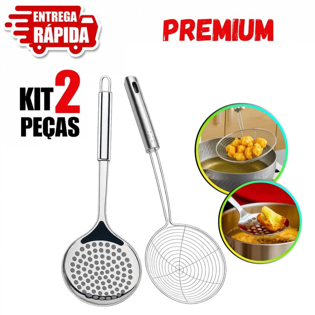 Kit 2 Escumadeiras Inox Aramada Resistente para Cozinha e Fritura em Aço Inoxidável Premium