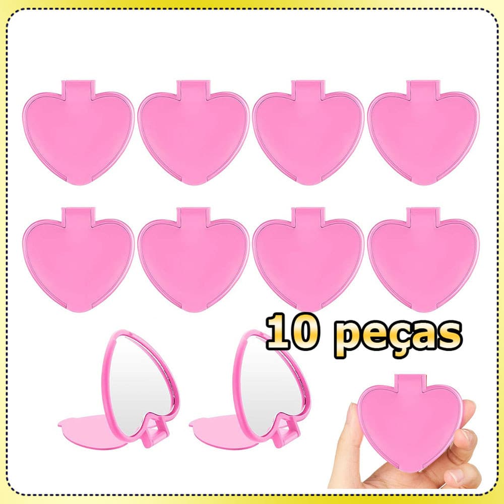 10 Rosa Mini espelho de maquiagem espelho de bolso espelho portátil em forma coração espelho dobrável presente de festa