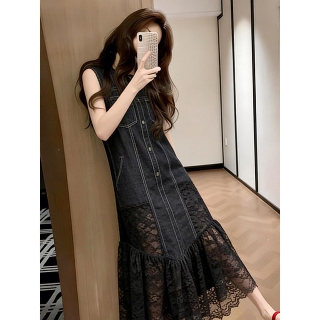 2026 verão Commuter Retro temperamento preto Denim renda costura vestido sem mangas saia longa reta A linha saia 5.23