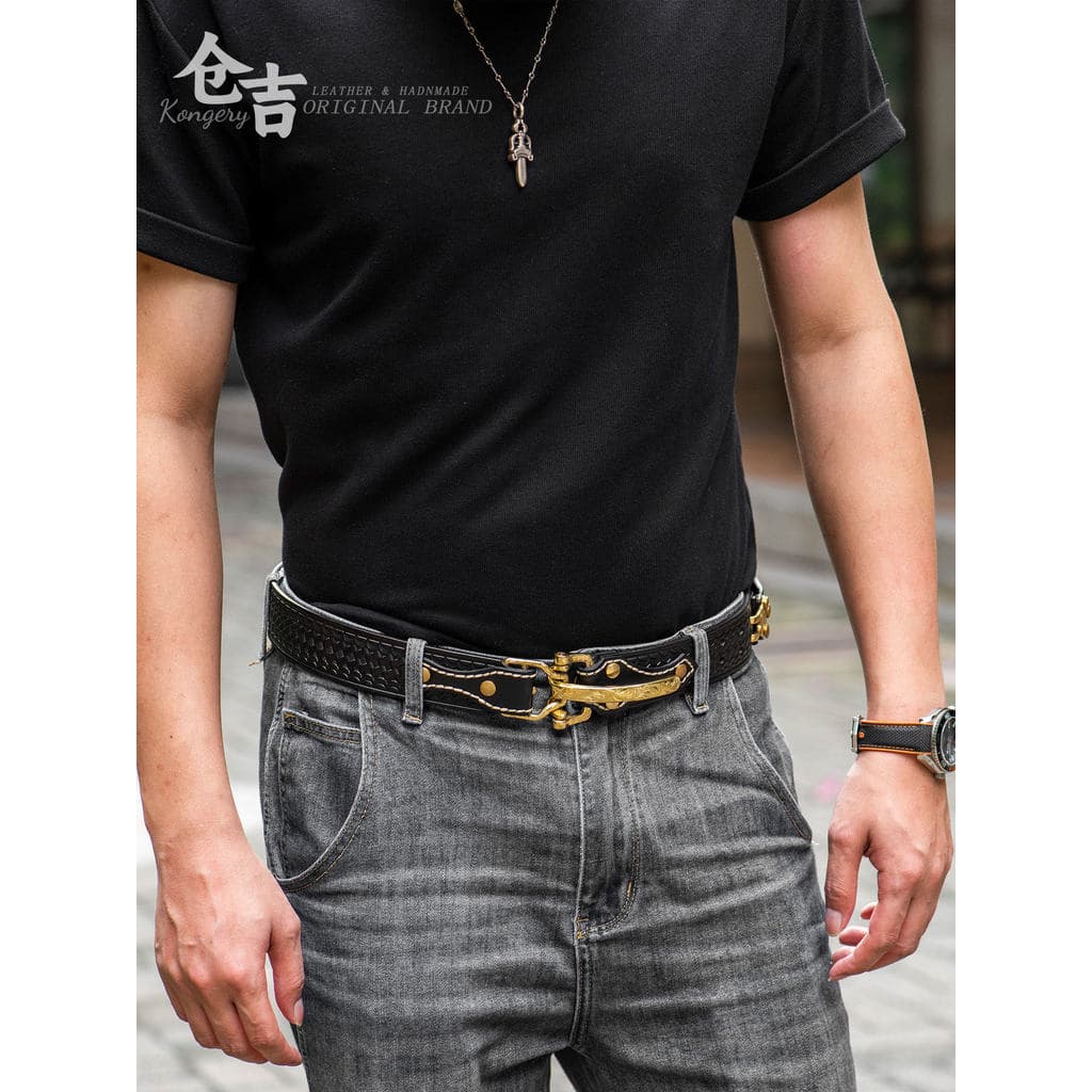 Cinto de cavalaria esculpido em cobre puro!Cangyo feito à mão Retro Casual calças cinto fivela de bronze cinto masculino