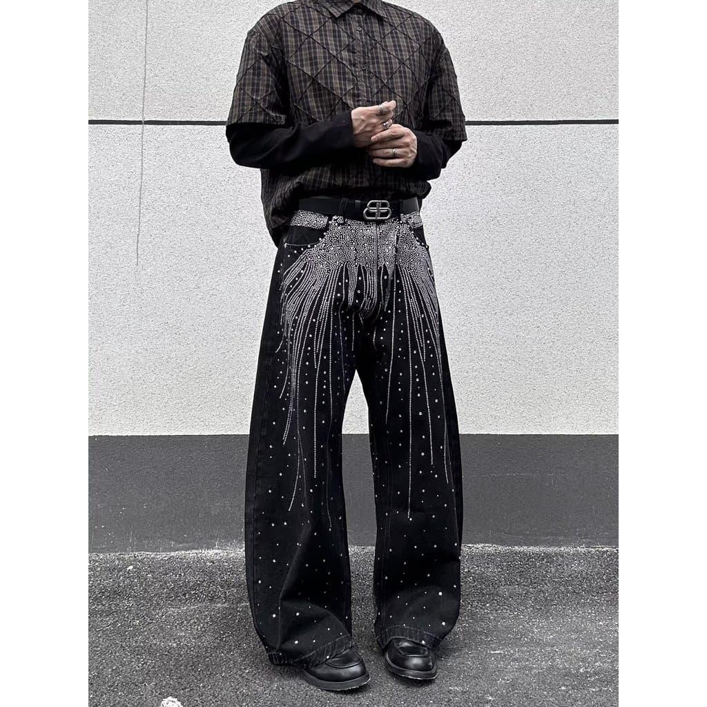 Estilo Hong Kong na moda masculina verão novo estilo 2025 carta única Jeans Hip Hop ins na moda High Street na moda rufi