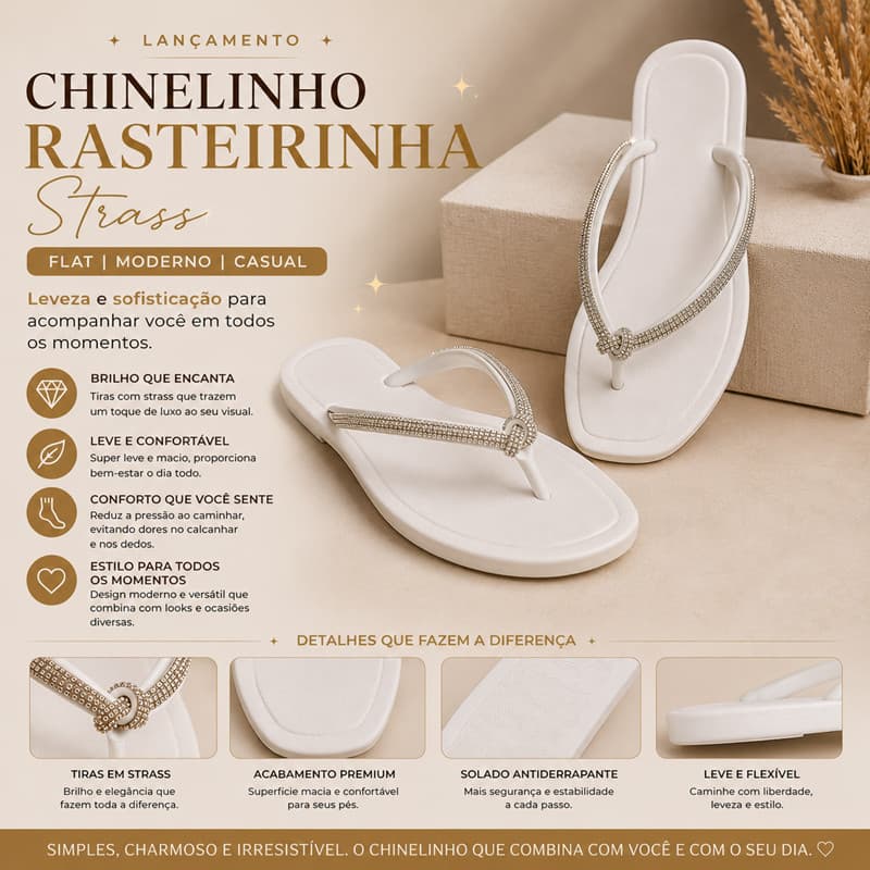 Chinelinho Feminino Rasteirinha Sandalia Sem Salto Tiras Strass Flat Moderno Casual Leve Confortavel
