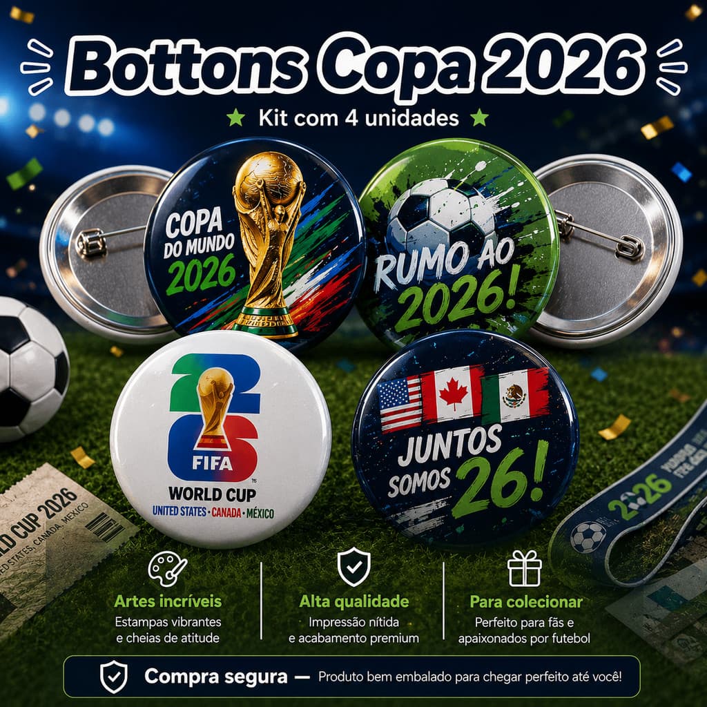 Kit 4 Botton Broche Pin Copa Do mundo 2026 futebol seleção hexa Presente Futebol Fifa canada mexico