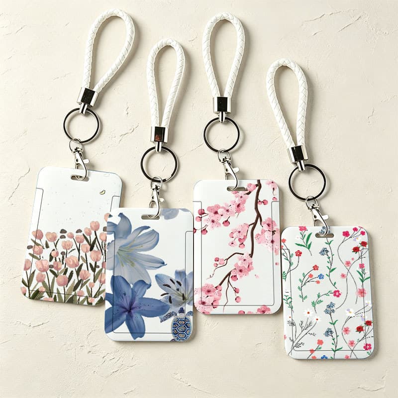 Porta-Cartões Deslizante Floral Com Cordão – Protetor De Crachá De Identificação Durável Para De Acesso Escolar , Ônibus