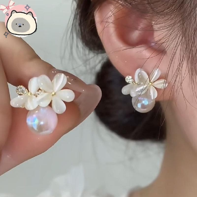 Brincos Florais De Pérola Falsa Com Design Elegante Na Moda