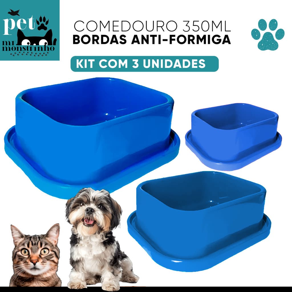 Kit 3un Comedouro Bebedouro Retangular com bordas Anti-formiga para Cachorro Gato Filhote - 350ml Azul Macho Machinho