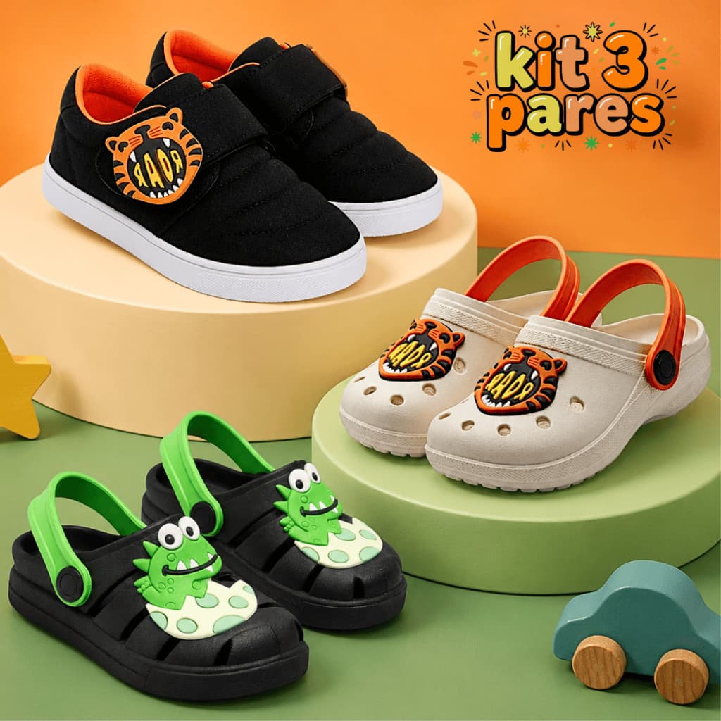 Kit 3 Pares Tênis Masculino Infantil e Sandália Babuche Menino