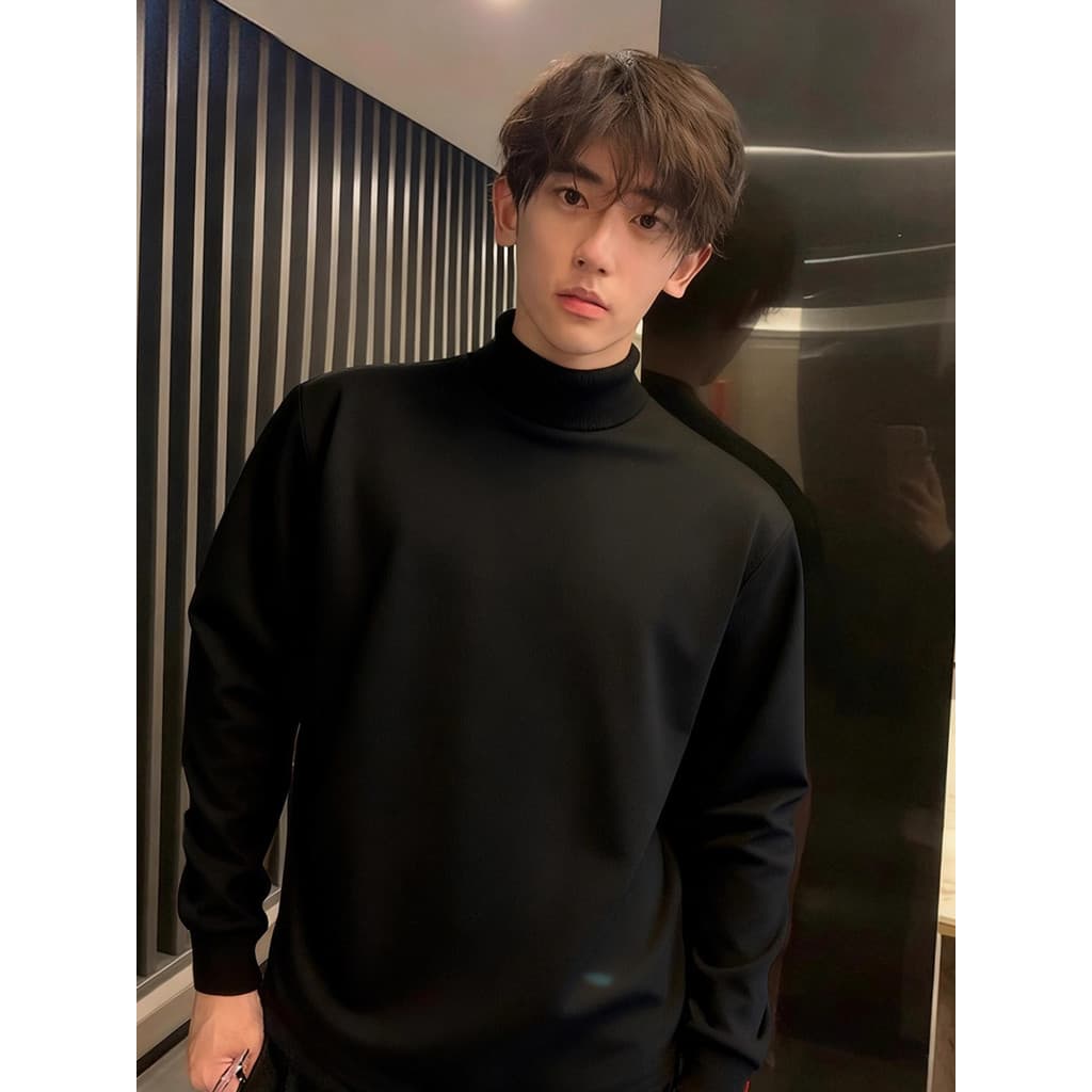 Preto meia gola alta alemão veludo camisa de fundo masculino outono inverno forro de veludo juventude roupa interior esp