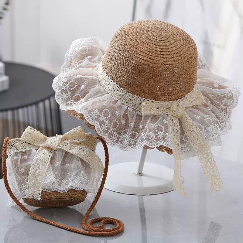 Crianças verão sol chapéu de palha guarda-sol protetor solar menina princesa chapéu de renda aba grande com corda pai-fi