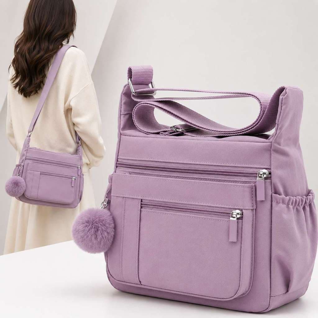 Bolsa Feminina Com Chaveiro Pompom Transversal E De Ombro Em Nylon Casual Para Dia A Dia Viagem YC09#