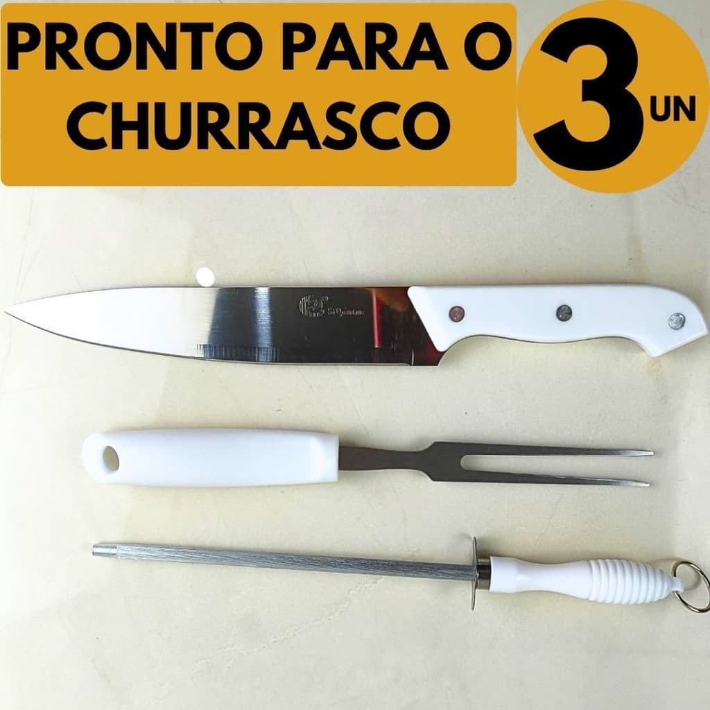Kit Churrasco Inox 3 Peças Faca Garfo Chaira Ótimo Custo Benefício Para Carne Assado Casa Cozinha