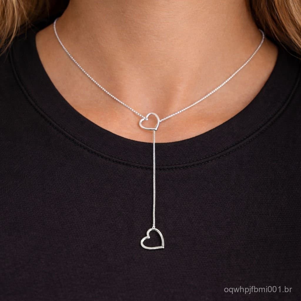 Colar Gravatinha feminino pingente de Coração pendurado folheado a prata 925