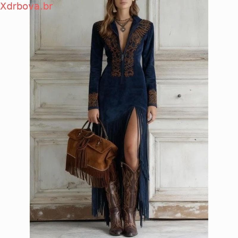 Vestido Longo Feminino Vintage Estilo Étnico com Franjas e Zíper Floral
