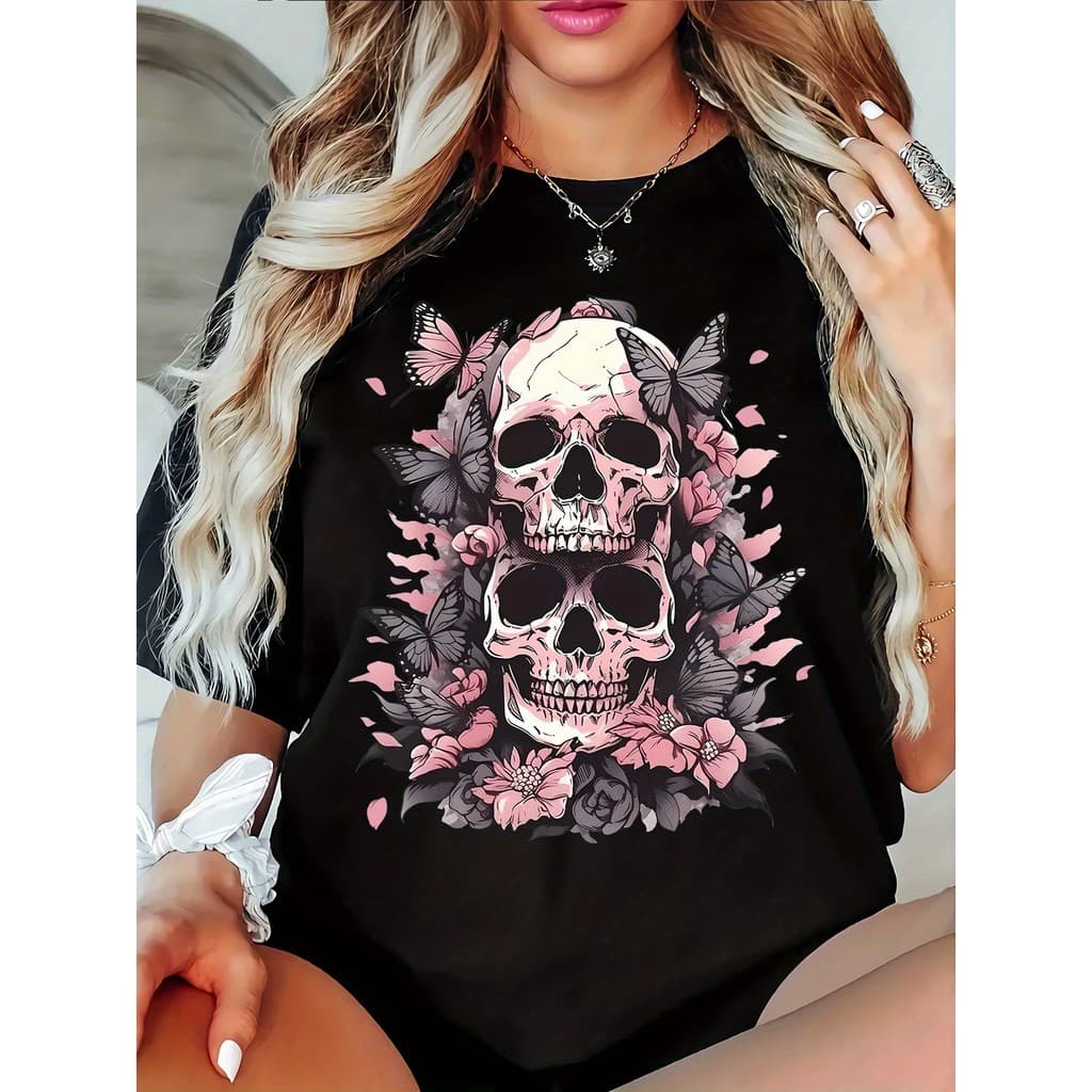 Camiseta Premium Feminina Plus Size Estampa Caveira Floral, Manga Curta - Unissex Oversized 100% Algodão