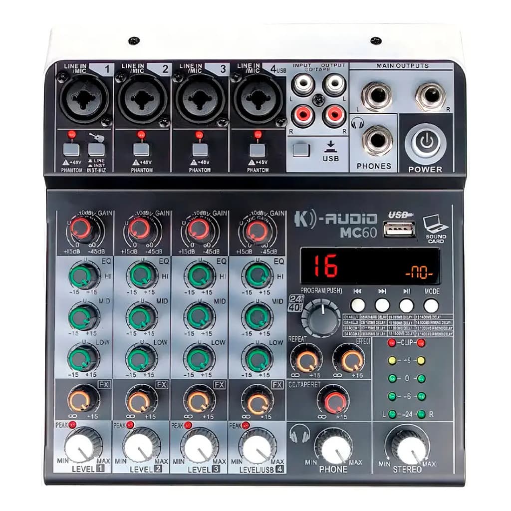 Mesa de Som Analógica K-Audio MC-60 6 Canais Bluetooth USB Efeitos