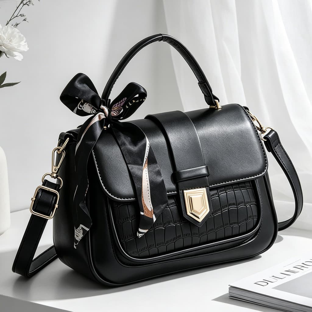 Bolsa feminina couro sintético textura crocodilo alça de mão e transversal laço de cetim fecho metal moda pequena