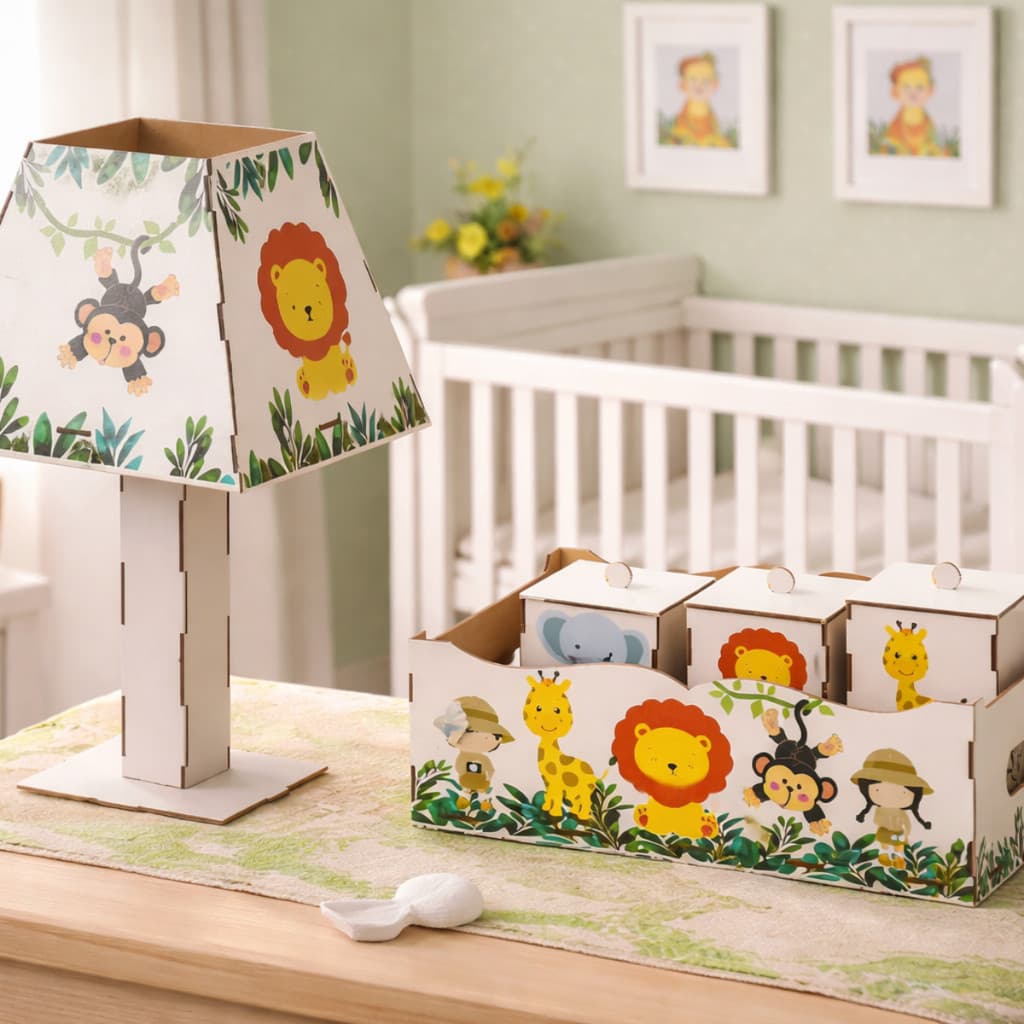 Kit Higiene Bebê safari 5 Pç Mdf Mult uso adesivado novidade Pronta Entrega promoção