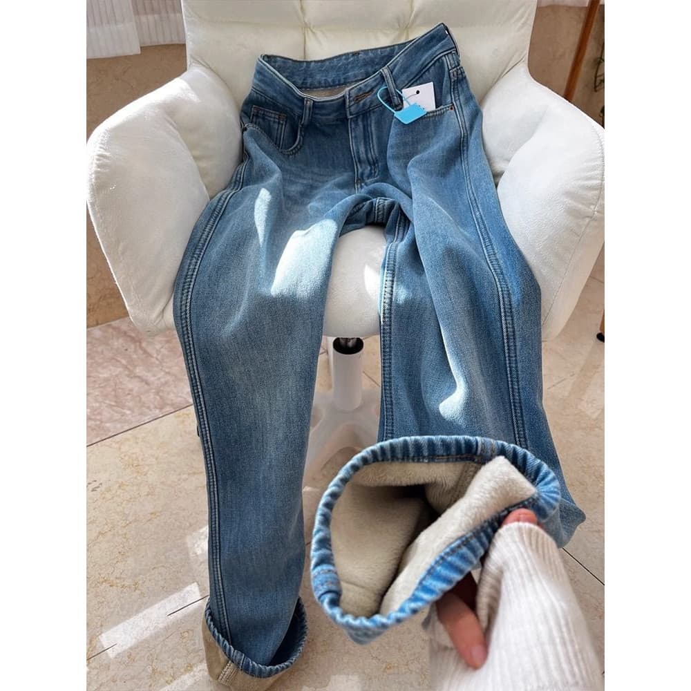 Azul claro mais veludo calças de brim de perna larga feminino 2026 outono inverno novo estilo cintura alta pequeno solto