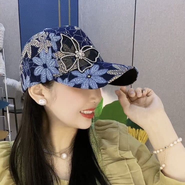 Chapéu de verão feminino borboleta renda strass estilo fino respirável protetor solar boné de beisebol influenciador mod