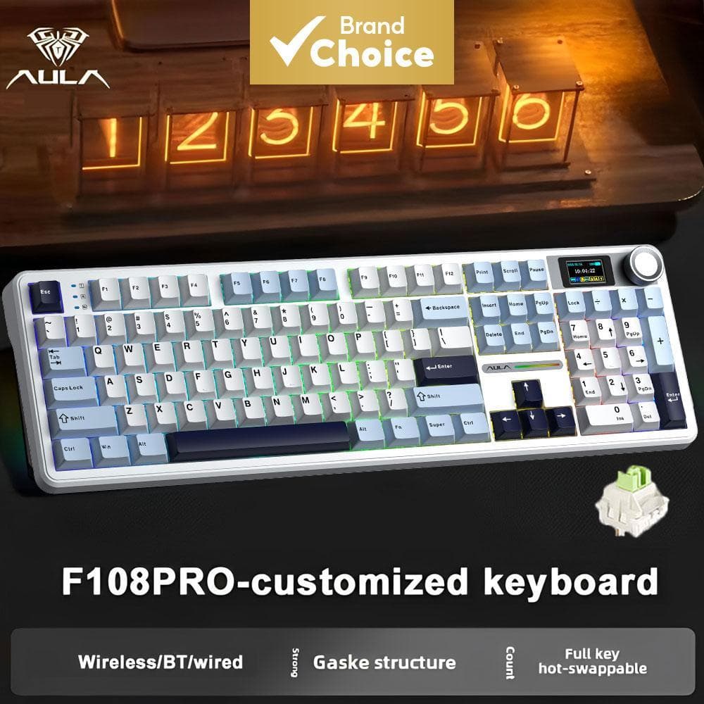 Teclado de Jogos Sem Fio AULA F108 Pro, Teclado Mecânico Completo com Tela e Botões, 2.4G/BT5.0/USB-C 8000mAh RGB, Cores