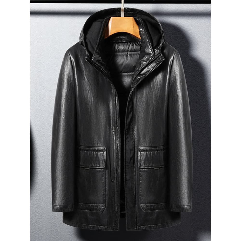 Jaqueta de couro masculina para baixo jaqueta pai primavera outono inverno jaqueta destacável forro de couro genuíno blu