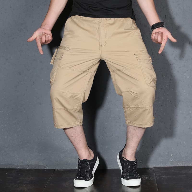 Calças cortadas casuais de algodão puro masculinas soltas tamanho grande macacão com vários bolsos verão Shorts finos na