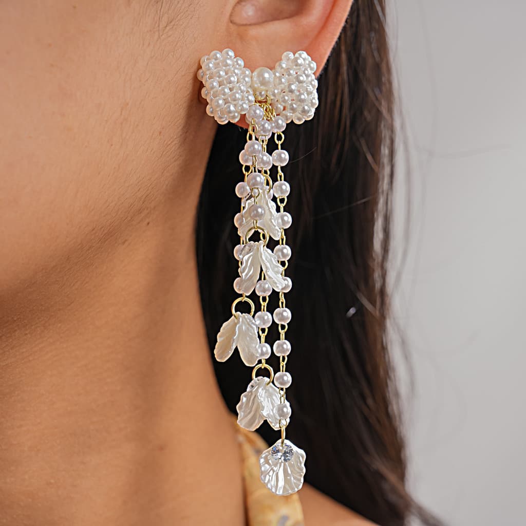 Cross-Border prata agulha zircão pérola arco borla brincos Retro doce temperamento brincos luz luxo High-End brincos 3.5