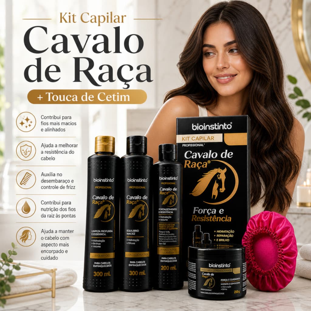 Kit Capilar 4 Itens Cavalo de Raça Crescimento dos Cabelos + 1 Touca Feminina de Cetim Anti Frizz - Kit com 4 itens