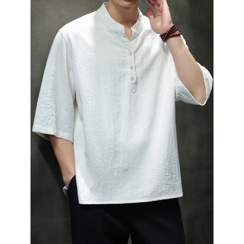 Verão estilo fino com decote em V manga curta camiseta masculina novo estilo chinês solto tamanho grande manga de cinco