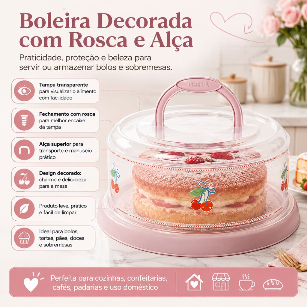 Boleira Plástica Decorada com Rosca e Alça Transparente Base