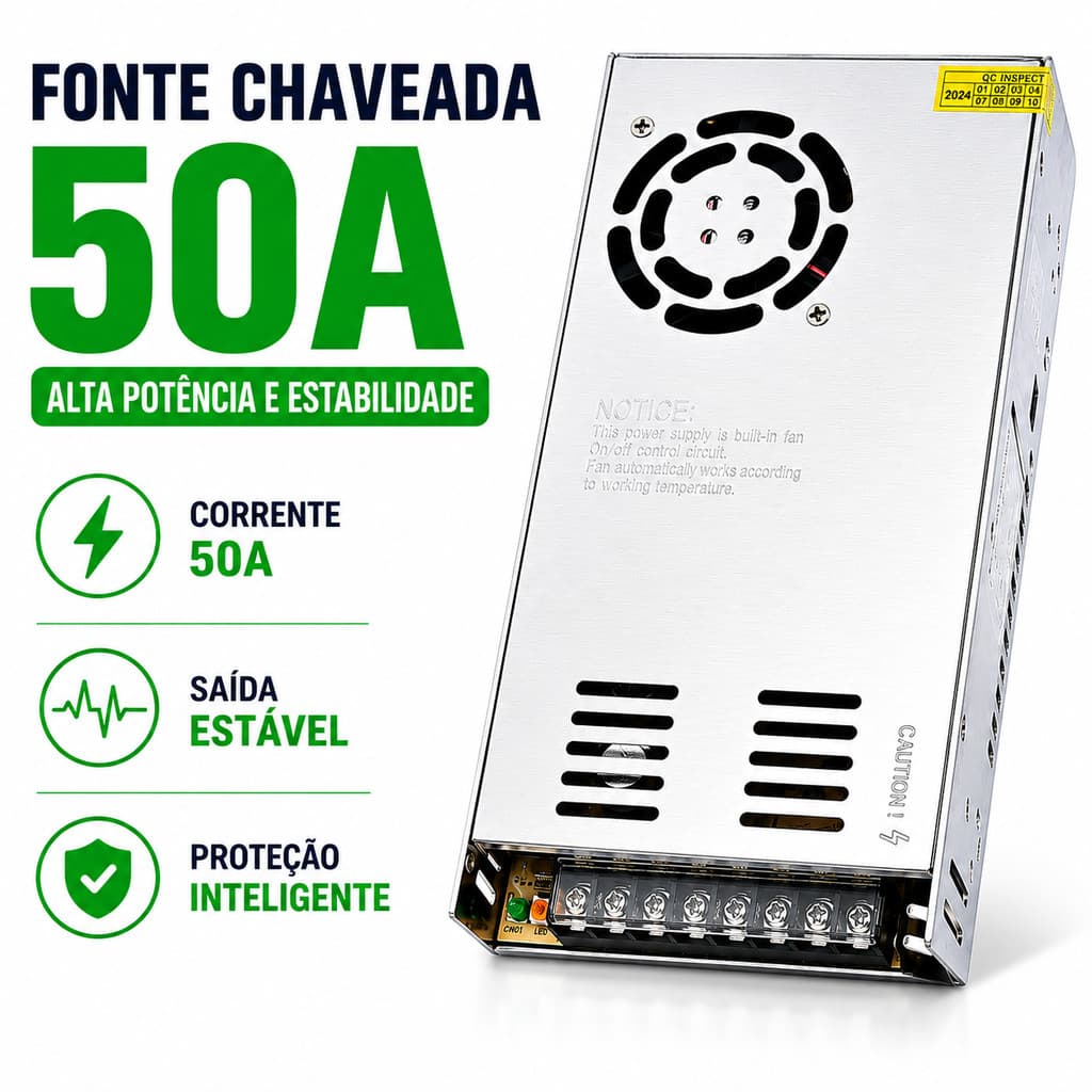 Fonte Chaveada Estabilizada 12V 50A 600W Bivolt para CFTV Fita LED Câmeras e Som