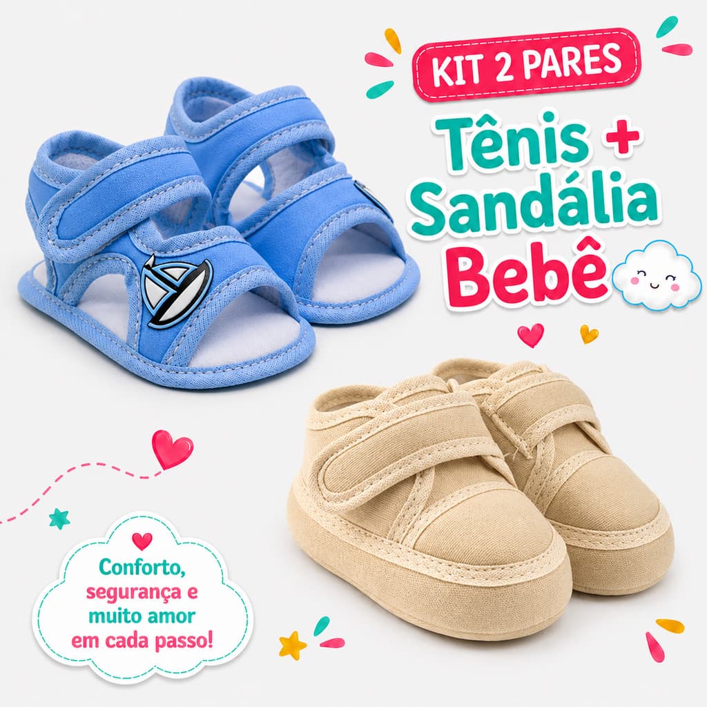 Kit 2 Pares Tênis e Sandália Bebê Infantil Tecido Molinho Bege Azul Maternidade Recém-Nascido