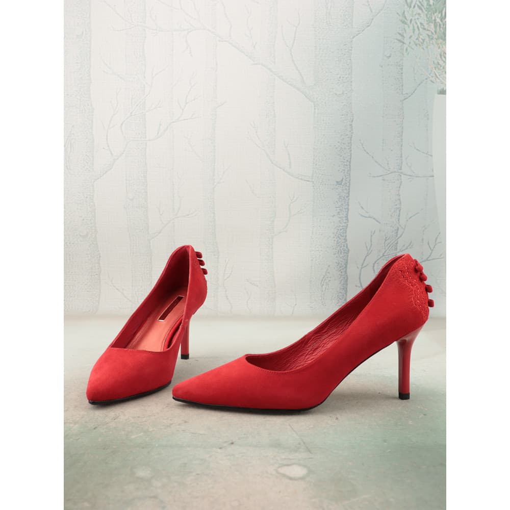 Nó chinês bordado vermelho Cashmere camurça couro genuíno apontou Toe Super salto alto Cheongsam sapatos femininos bomba