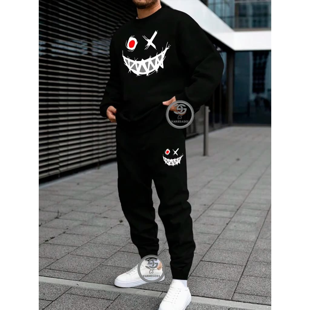 Conjunto de moletom Smiley desenhos Gola redonda moda casual solto moletom masculino e Feminino Blusa + Cal莽a moletom