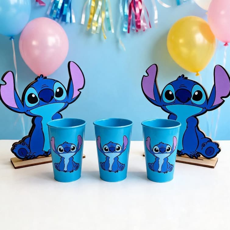 Kit festa Stitch 20 Copos 380ml + 4 Display Mdf Stitch com Suporte para decoração aniversário