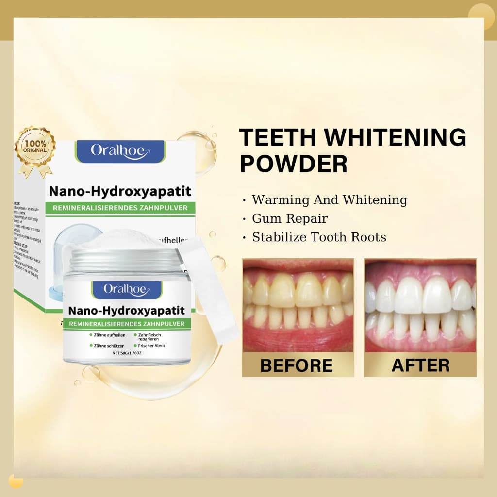 O pó branqueador de dentes Oralhoe contém Nano apatita hidroxigen, limpeza profunda, remove placa e manchas, hálito fres