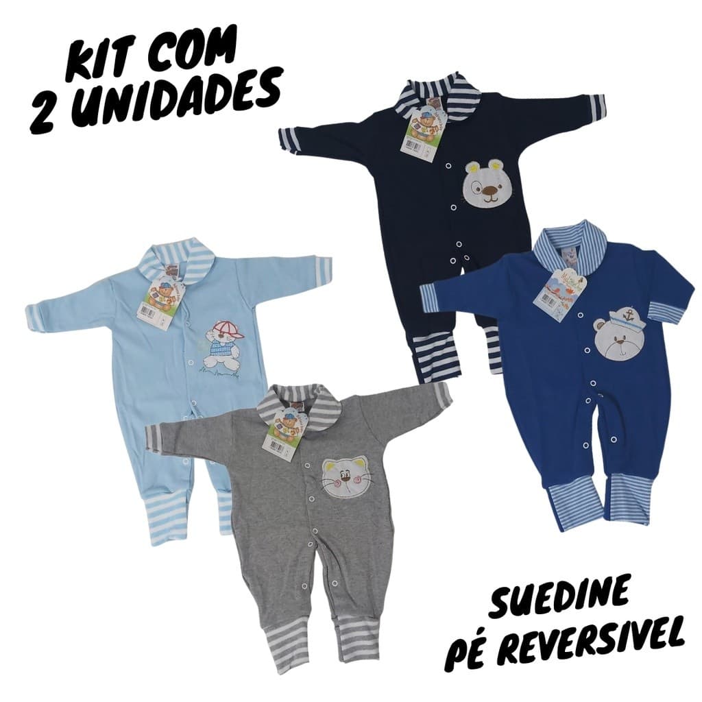 Kit C/2 - Macacao de Bebe 100% Algodão Vira Pé Estampa DTF