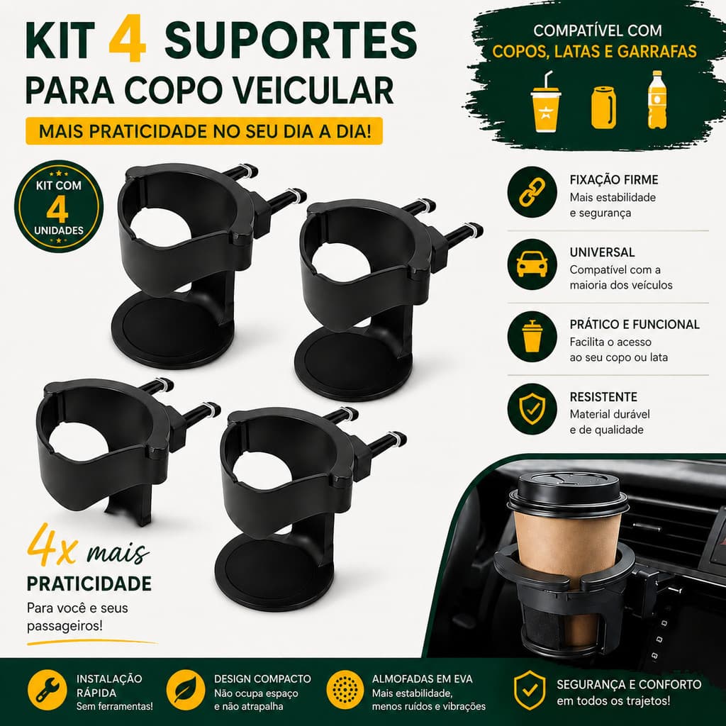 Kit 4 Porta Copos Veicular Ajustável Universal | Suporte para Copos, Latas e Garrafas