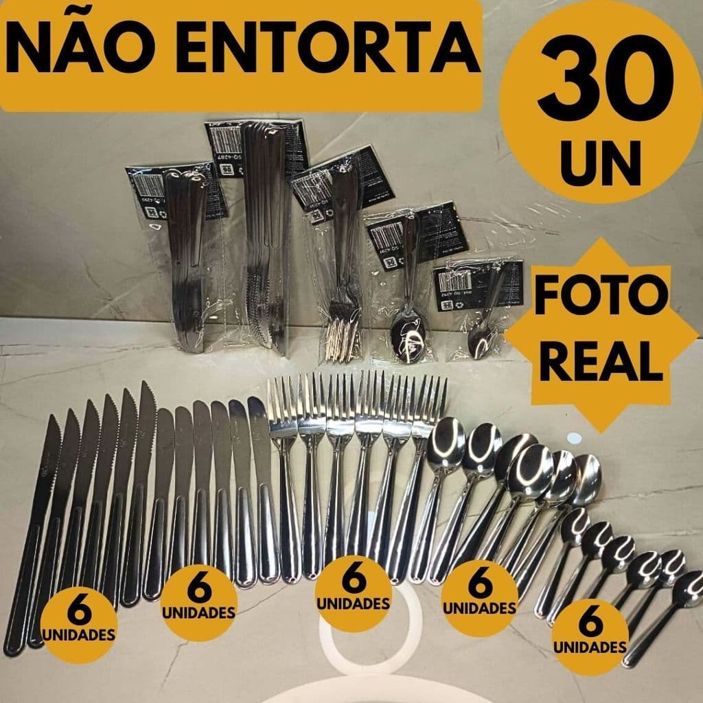 Jogo Talher Aço Inox 30 Unidades 6 de Cada Churrasco Restaurante Cozinha Casa Bar Churrascarias