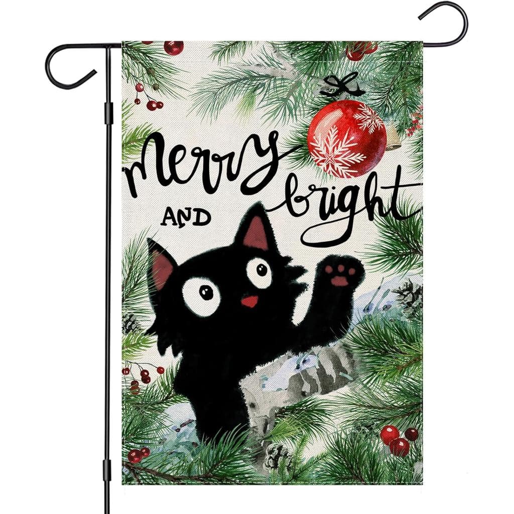 Bandeiras de Natal para Jardim Externo, Decoração de Jardim com Gato e Árvore de Pinheiro para um Natal Alegre e Brilhan