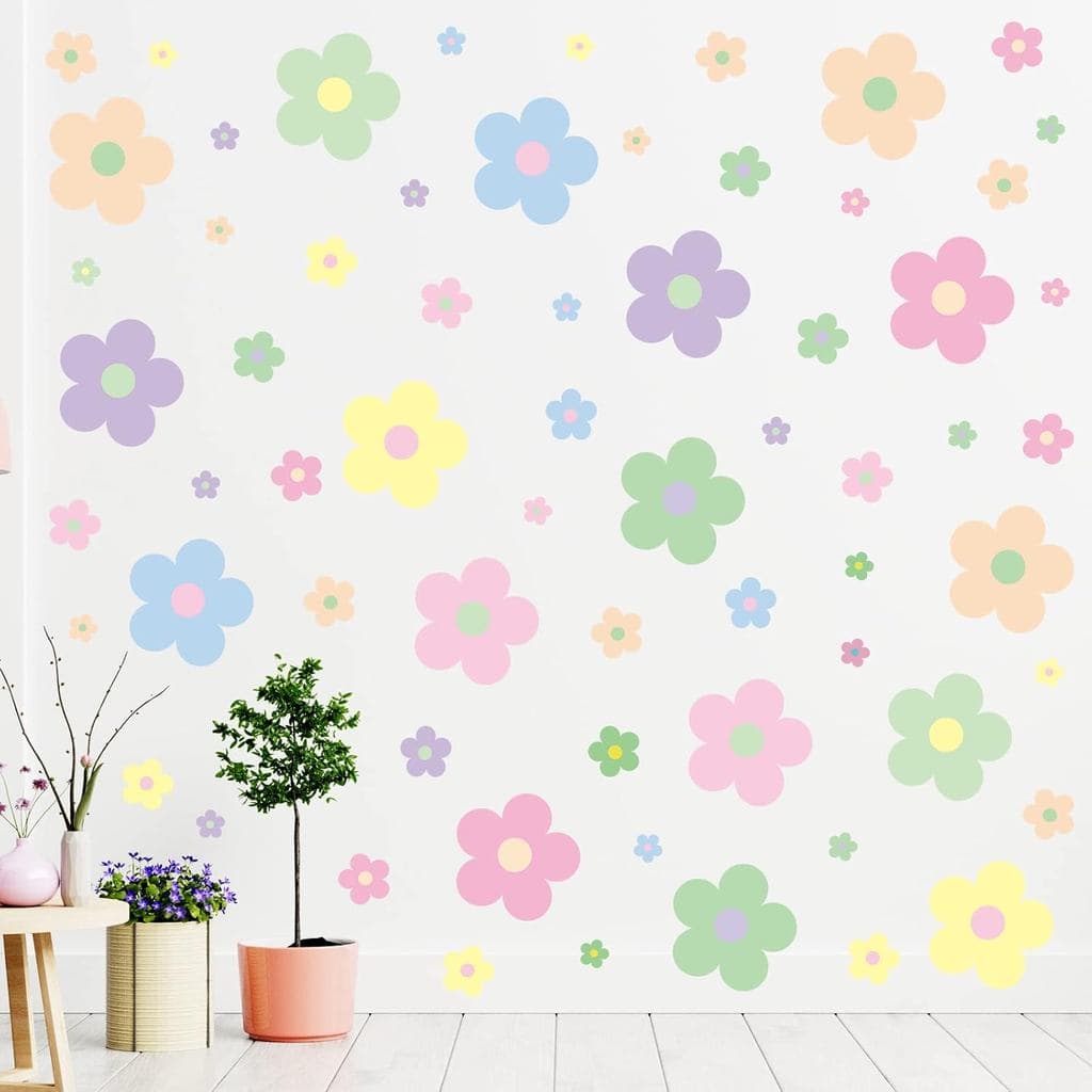Hotop 128 Pcs Y2K Room Decor Cute Flowers Wall Decal Aesthetic Preppy Wall Art Decor Peel and Stick Retro Stickers Room