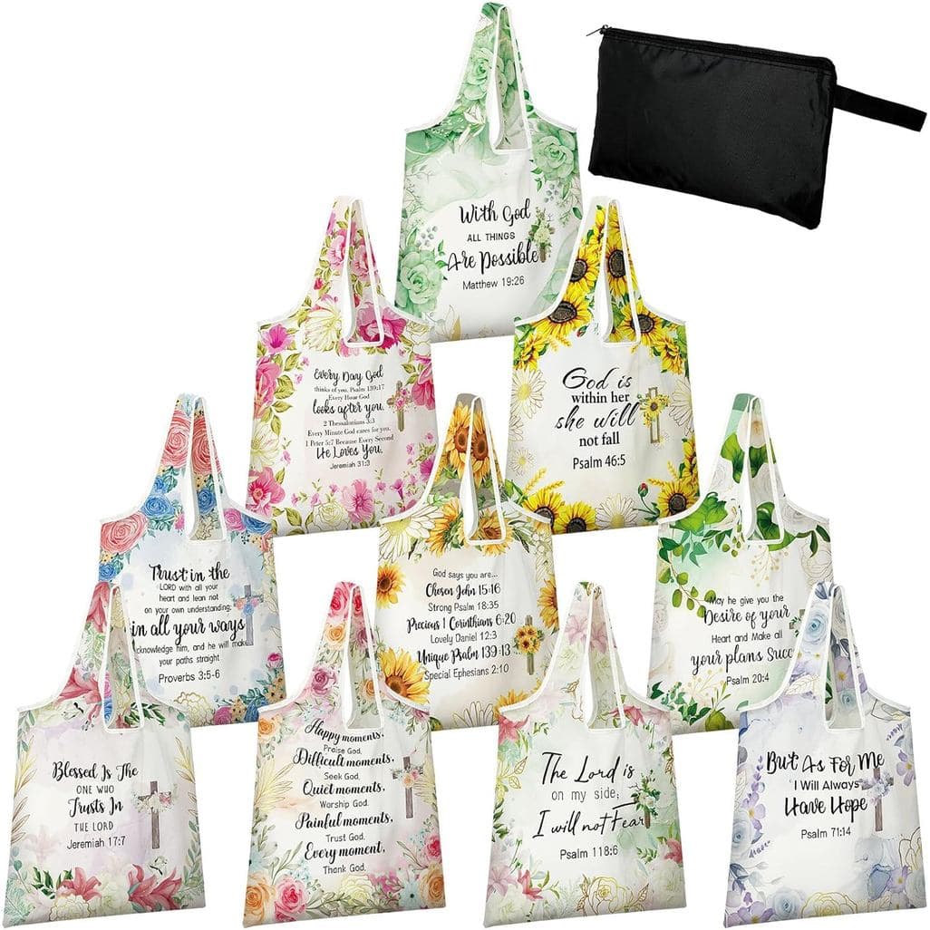 10 Pcs Valentine Christian Reusable Grocery Bags Bulk Storage Pouch Shopping Bag Foldable Machine Washable Tote Zipper P