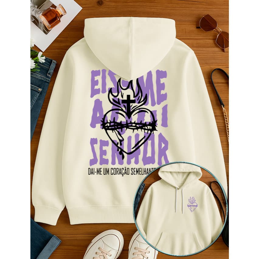 Blusa de Moletom Canguru Estampado Eis Me Aqui Confortavel 50% Algodão 50% Poliester Estampa Cristã