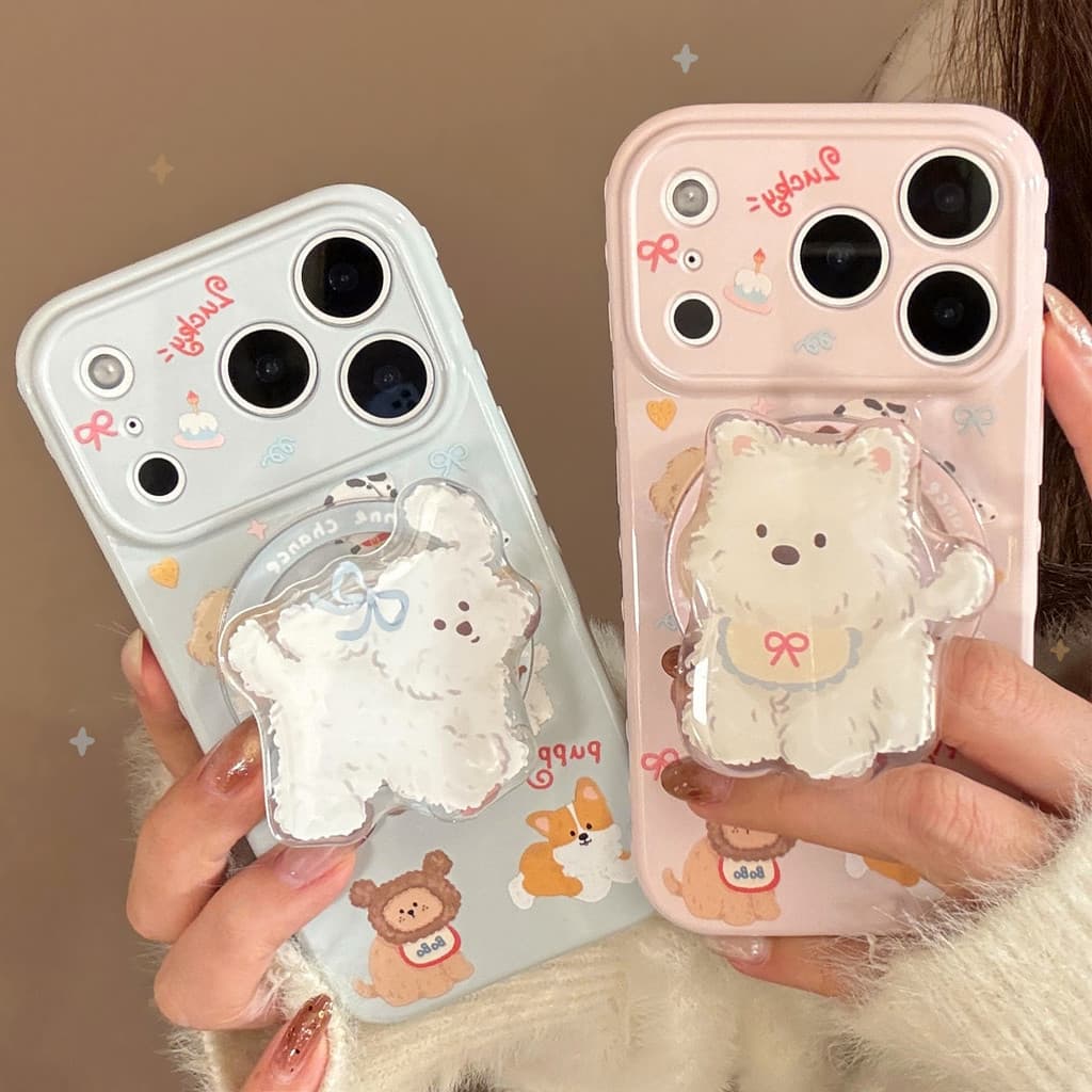 [Estoque pronto] Capa de telefone estilo japonês coreano ins Cartoon Puppy Soft Case Proteção de lente com tudo incluído