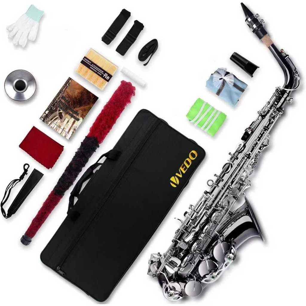 Saxofone tenor VEDO em E bemol, preto e prateado; saxofone para iniciantes; saxofone para estudantes; saxofone tenor;