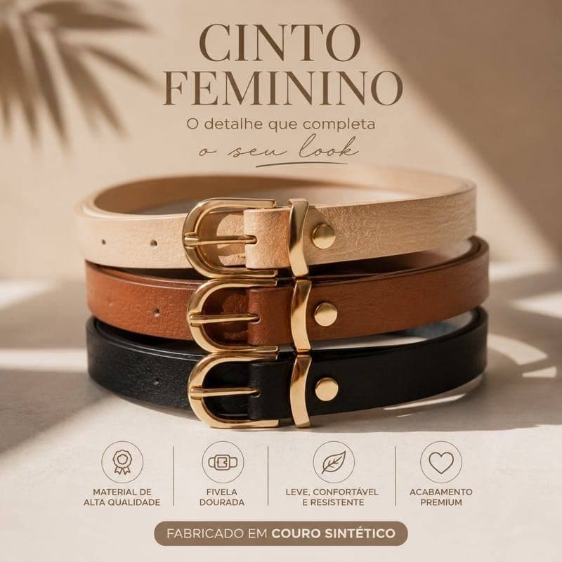 Kit 3 Cinto Feminino Elegante com Fivela Dourada  Branco/Caramelo/Preto Estilosa e Elegancia