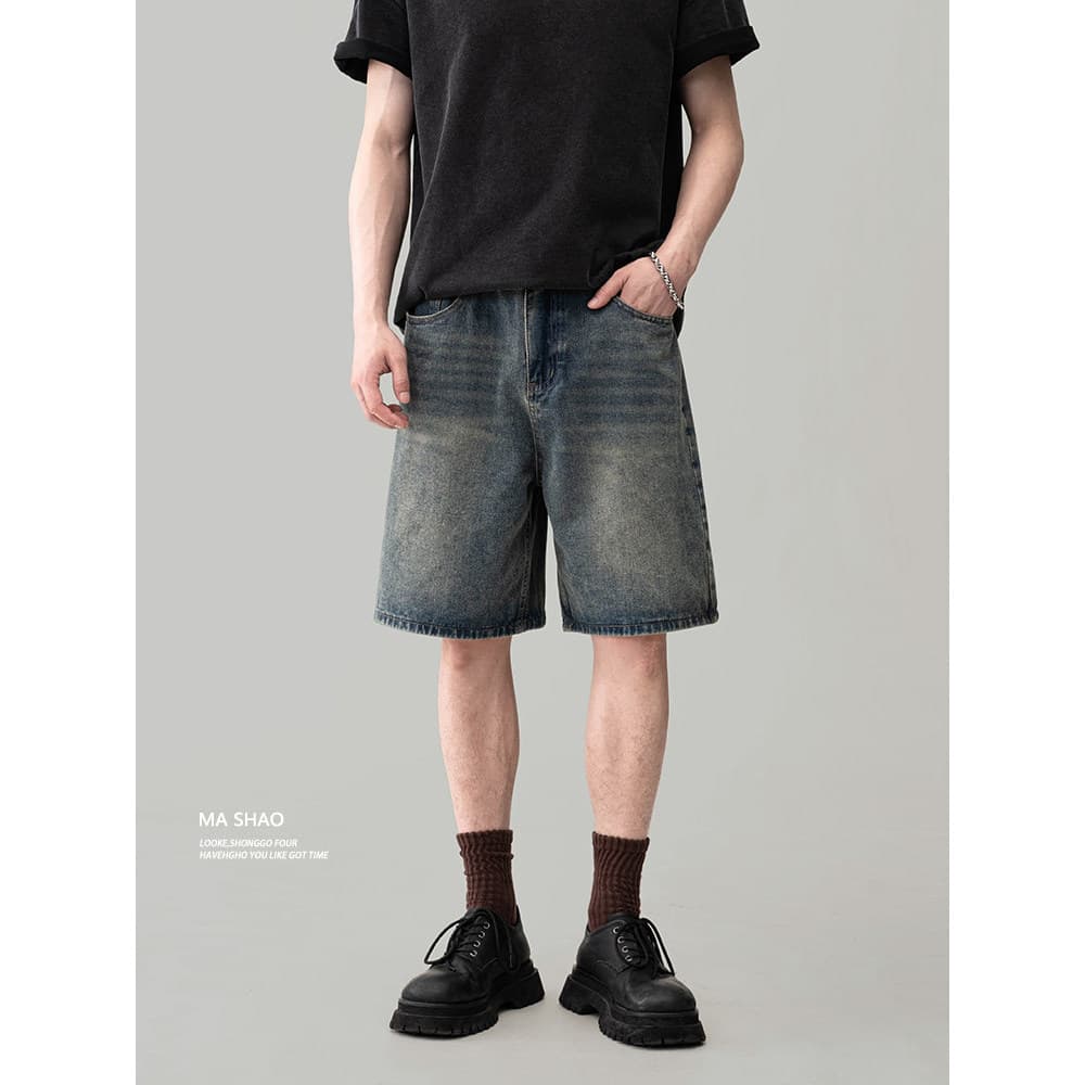 2026 verão americano Retro lavado angustiado Denim Shorts cleanfi solto Casual em linha reta calças de cinco pontos masc