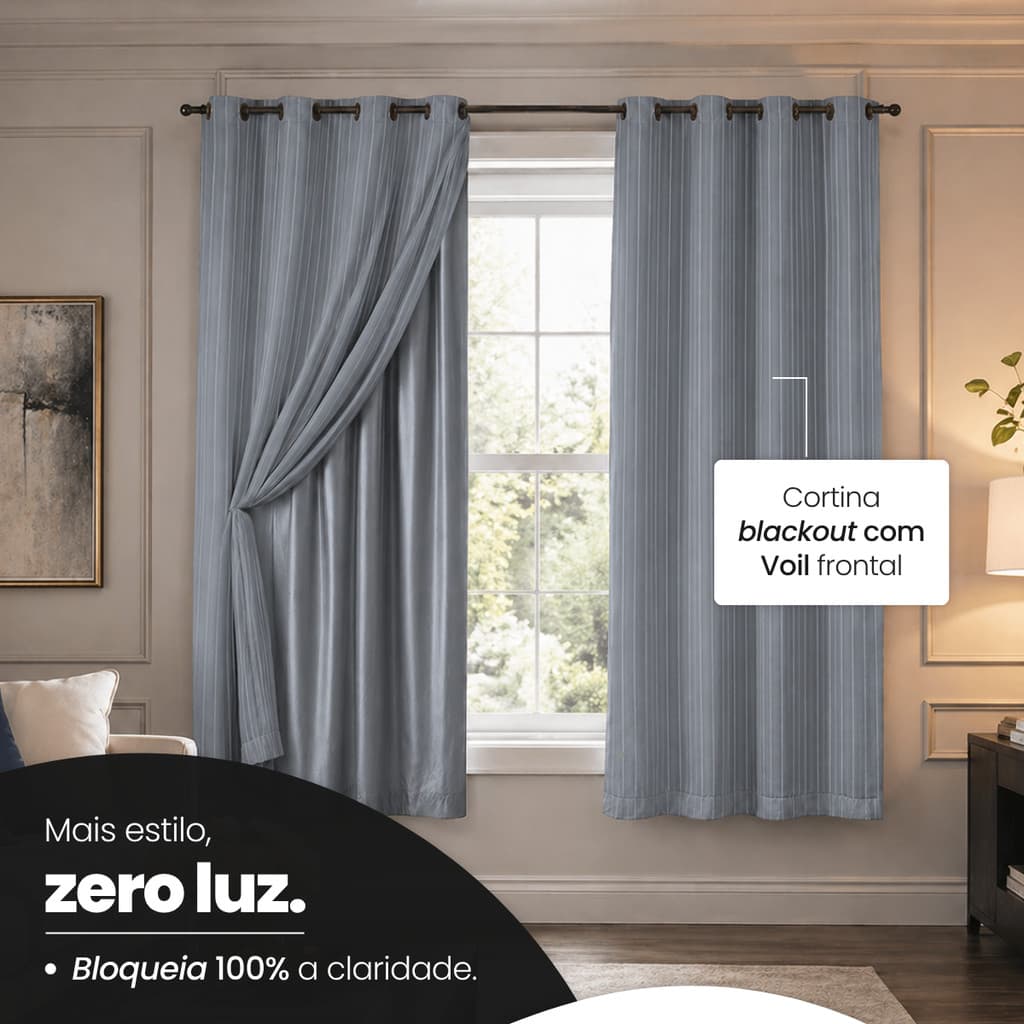 Cortina Blackout + Tecido Voil Xadrez Vários Tamanhos Blecaute Pvc 100% Corta Luz P/ Varão Simples