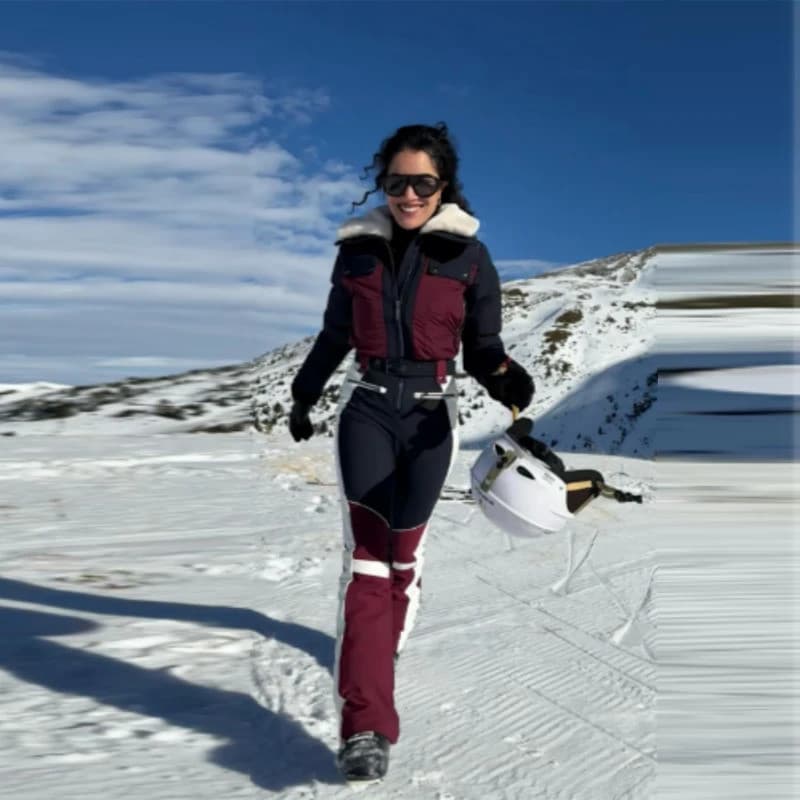 Roupas de Esporte de Inverno Femininas, Macacão de Esqui com Detalhes Listrados, Casaco Impermeável com Capuz de Gola Al