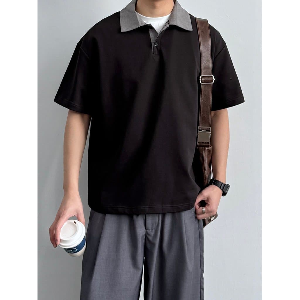 Americano Retro contraste cor costura Houndstooth lapela camisa POLO manga curta verão meninos All-Match solto Casual ca